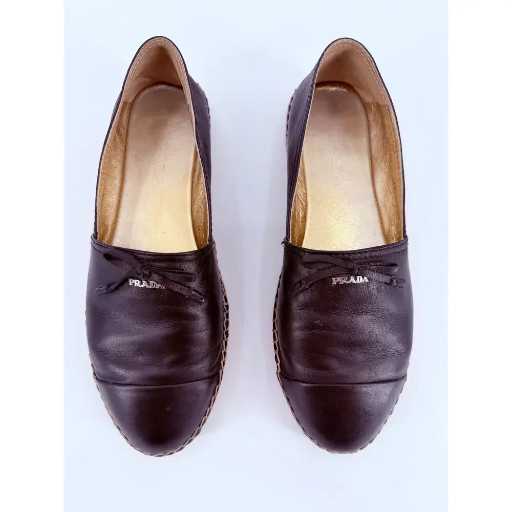 Prada Black Leather Cap Toe Espadrille Bow Ballerina Jute Slip On Flats 39